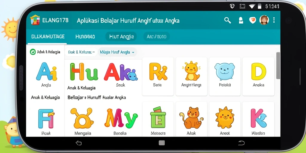 Tampilan antarmuka ELANG178 yang menarik untuk belajar huruf dan angka.