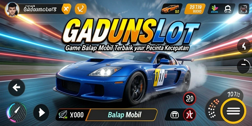 Antarmuka gameplay GADUNSLOT menampilkan aksi balap mobil yang seru dan mendebarkan.